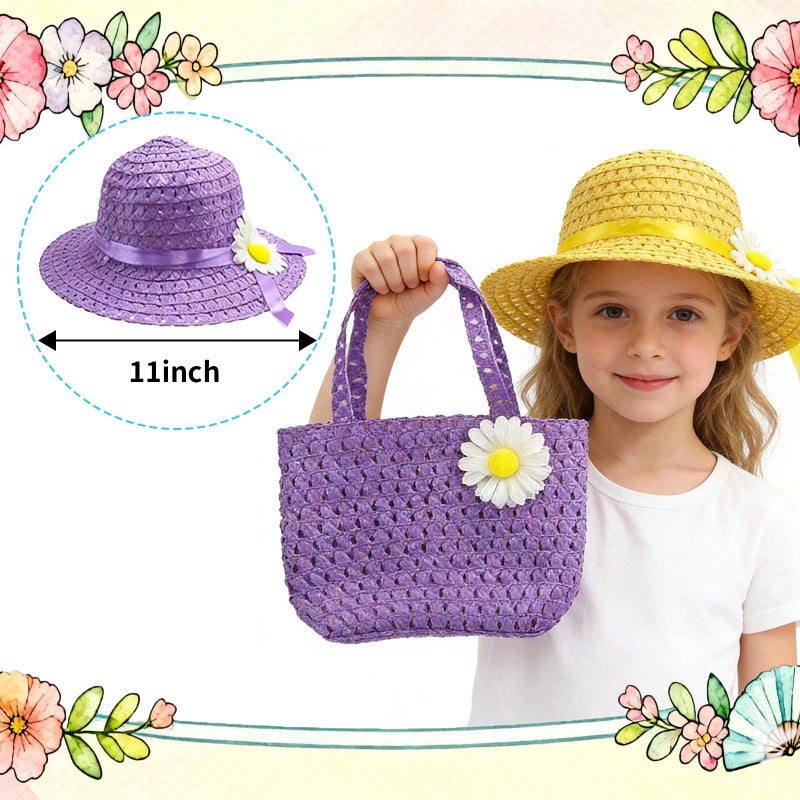 Vafon 6Sets Girls Tea Party Straw Sun Hat and Purse Sets Kids Child Birthdays Easter Party Daisy Flower Sunflower Summer Beach Cap Travel Gift Assorted Colors (6Color) - Image 5